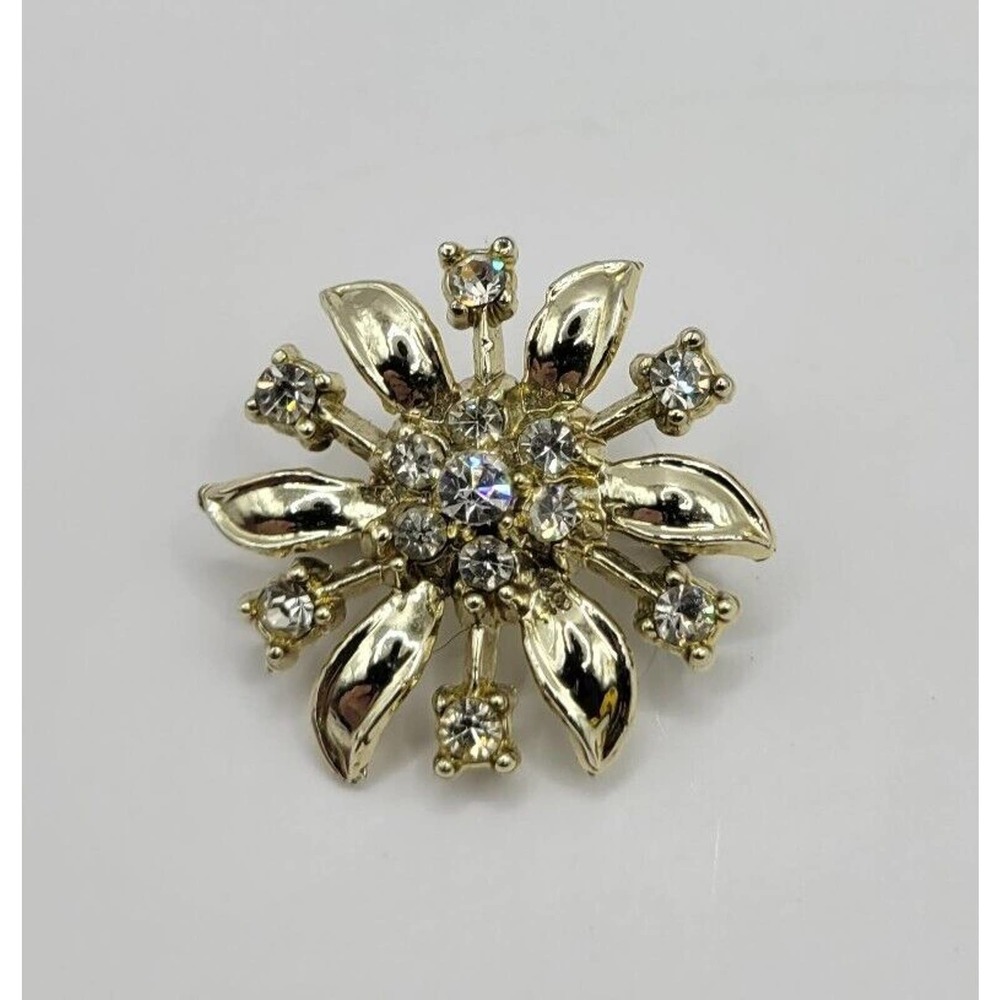 Vintage Rhinestone Gold Tone Flower Starburst Brooch Pin